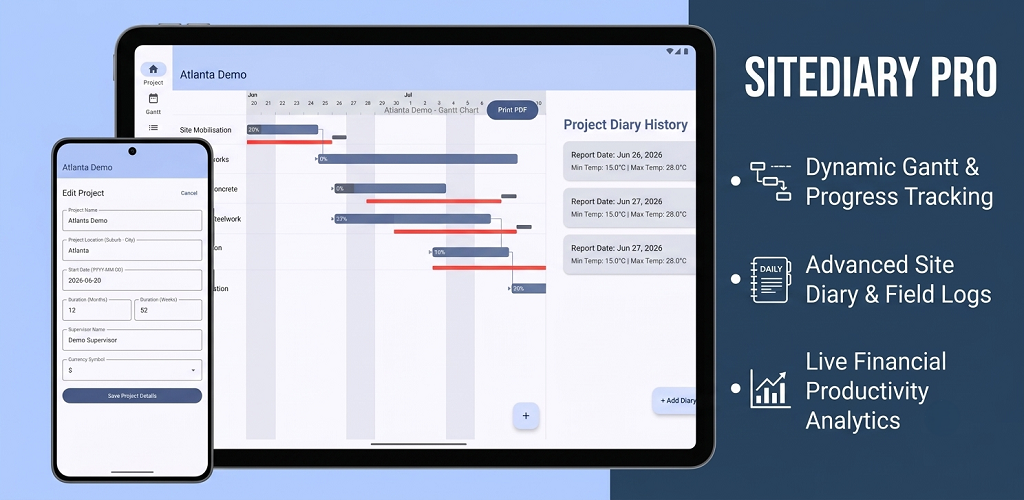 SiteDiary Pro app screenshots showing the Gantt chart, project diary history and diary entry screens