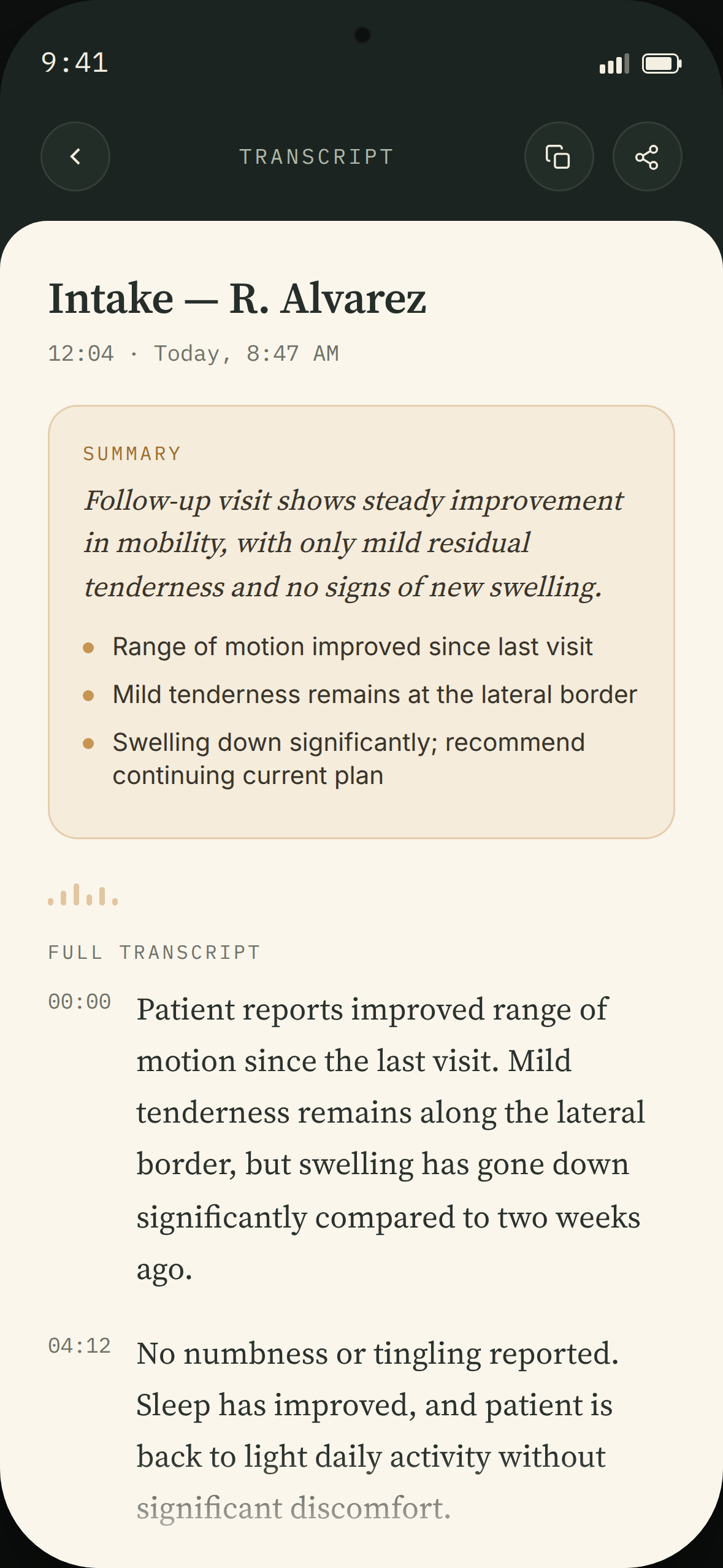 Transcript with summary screen
